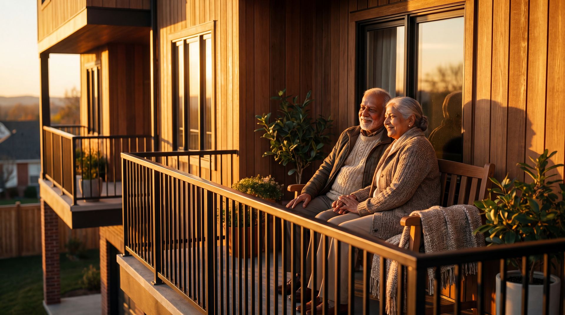 Elderly couple gardening in front of townhome